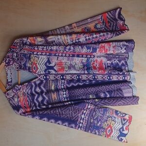 MISSLOOK Geometric Purple and Pink Blouse Long Sleeve V-Neck, Scalloped Edges 3X